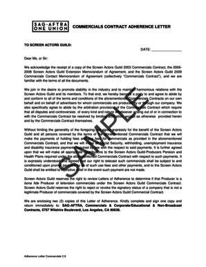 COMMERCIALS CONTRACT ADHERENCE LETTER - SAG-AFTRA