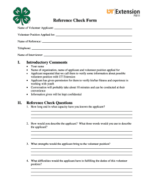 Reference Check Form for Volunteer Position