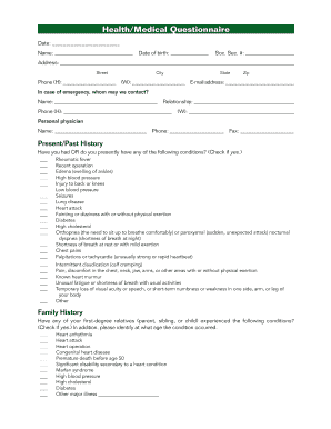 Health/Medical Questionnaire
