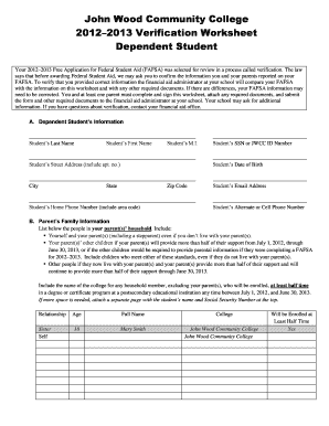 2012–2013 Verification Worksheet for Dependent Student