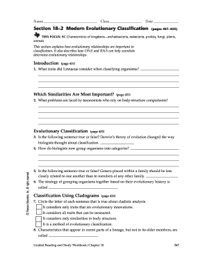 Evolutionary Classification Worksheet
