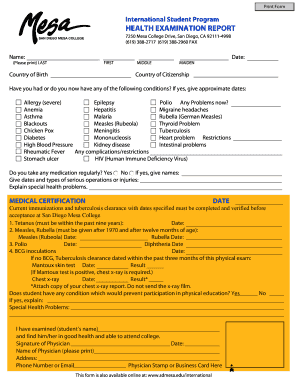 International Student Health Examination Report
