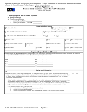 Uniform Application for Business Entity Insurance License Renewal/Continuation