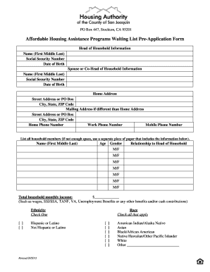 Affordable Housing Assistance Programs Waiting List Pre-Application Form