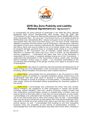 2015 Sky Zone Publicity and Liability Release Agreement