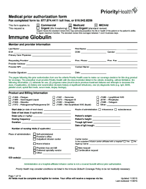 Medical Prior Authorization Form for Immune Globulin