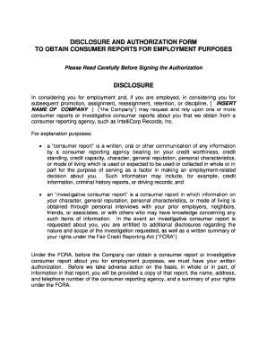 Employment Consumer Report Disclosure and Authorization Form