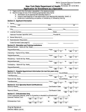 New York Specialist Enrollment Application
