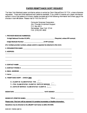 New York Medicaid Paper Remittance Sort Request