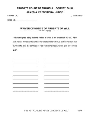 Ohio Waiver of Notice of Probate of Will