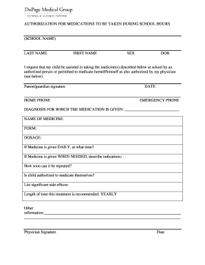 Authorization for Medications During School Hours