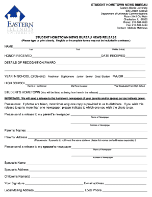 Student Hometown News Bureau Release Form