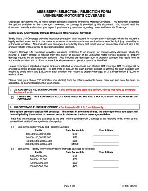 Mississippi Uninsured Motorists Coverage Selection Form
