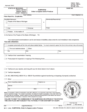 Michigan Subpoena Order to Appear and/or Produce