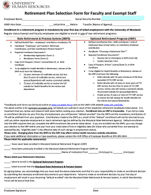 Retirement Plan Selection Form for Faculty and Exempt Staff