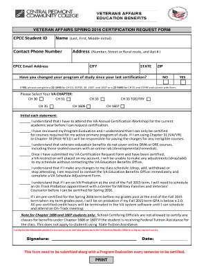 Veteran Affairs Spring 2016 Certification Request Form