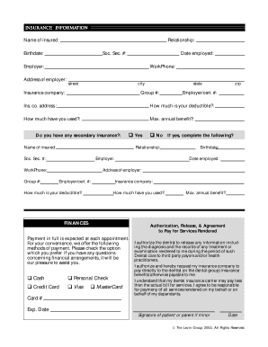 Dental Insurance Information and Payment Authorization Form