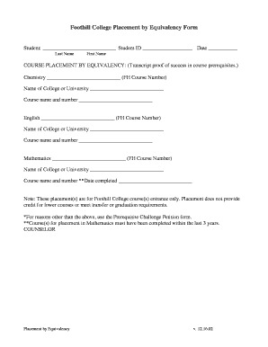 Foothill College Placement by Equivalency Form