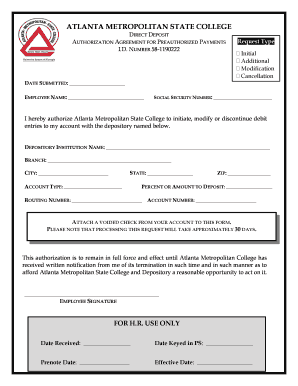 Atlanta Metropolitan State College Direct Deposit Authorization