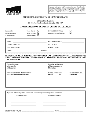 Application for Transfer Credit Evaluation