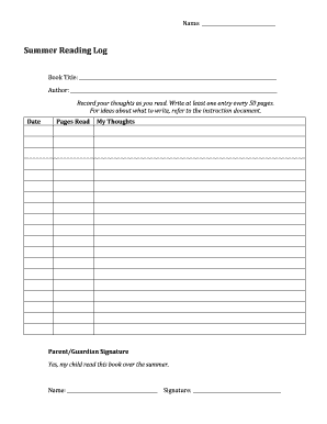 Summer Reading Log Form