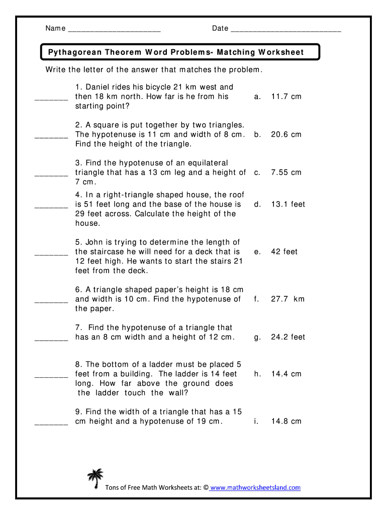 Pythagorean Theorem Word Problems Matching Worksheet Answer Key Fill Online Printable 