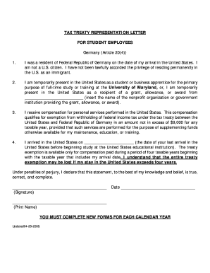Tax Treaty Representation Letter for Student Employees