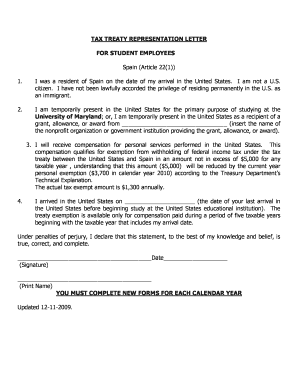 Tax Treaty Representation Letter for Student Employees