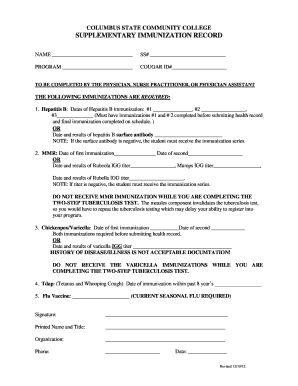 Columbus State Community College Immunization Record