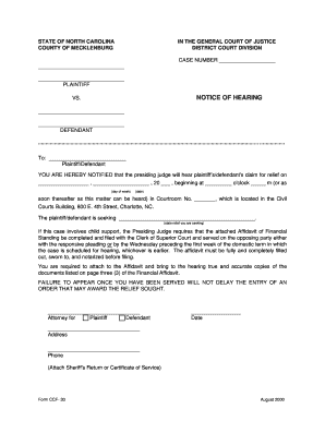 North Carolina Notice of Hearing