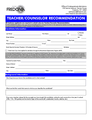 SUNY Fredonia Teacher/Counselor Recommendation Form