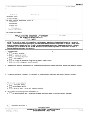 Application and Order for Appointment of Guardian Ad Litem Civil