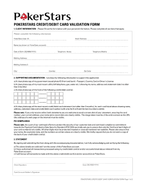 PokerStars Credit/Debit Card Verification Form