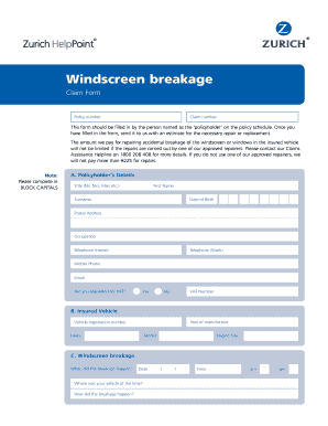 Windscreen Breakage Claim Form