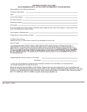 Colorado Owner's Intent to Cure Foreclosure Form