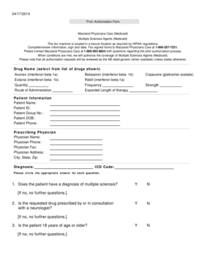 Maryland Medicaid Multiple Sclerosis Agents Prior Authorization Form