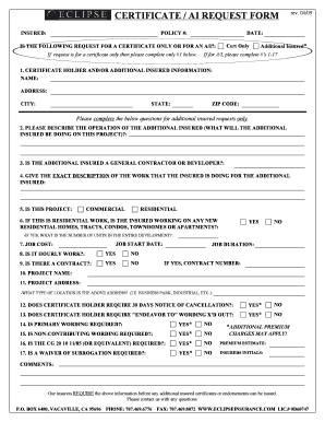 Insurance Certificate Request Form
