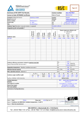 General food terms - Page 1/2 Summary of EN 12975 Test Results, annex to Solar KEYMARK Certificate Companyholdingthelicence Brand(optional) Street, number Postal Code City Licence number Dateofissue Country Website Email Tel