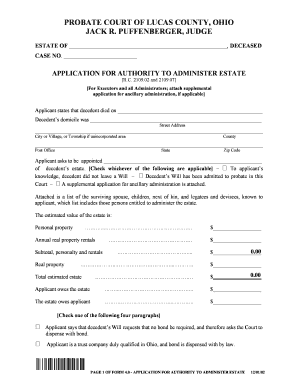 Ohio Application for Authority to Administer Estate