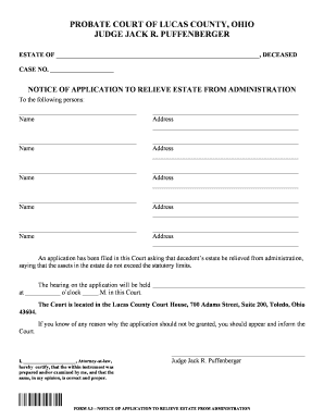 Ohio Notice of Application to Relieve Estate from Administration