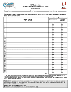 USA Track & Field Volunteer Event Medical Professional Liability Enrollment Form
