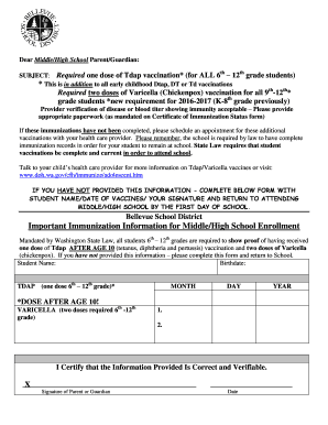 Washington State School Immunization Form