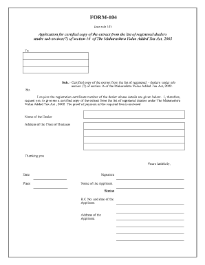 Application for Certified Copy of Registered Dealer Extract