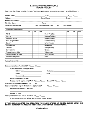 Barrington Public Schools Health History Form