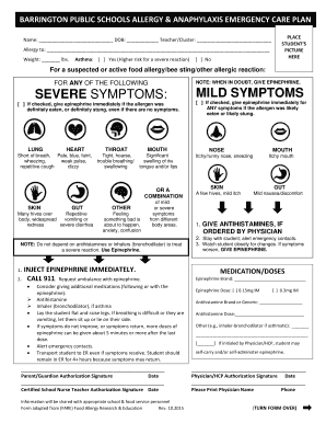 Barrington Public Schools Allergy Emergency Care Plan