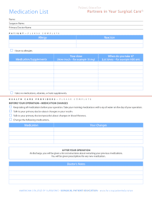 Surgical Patient Medication Form