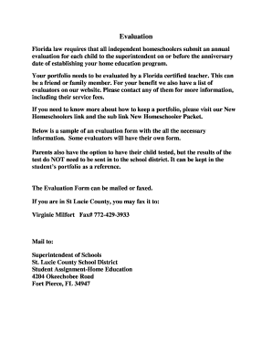 Florida Annual Home Education Evaluation Form