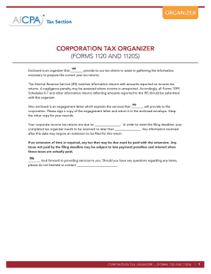 Corporation Tax Organizer for Forms 1120 and 1120S