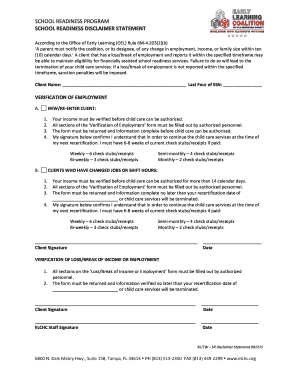 School Readiness Program Disclaimer Statement