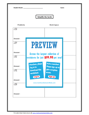 Math Worksheet - Simplify the Surds
